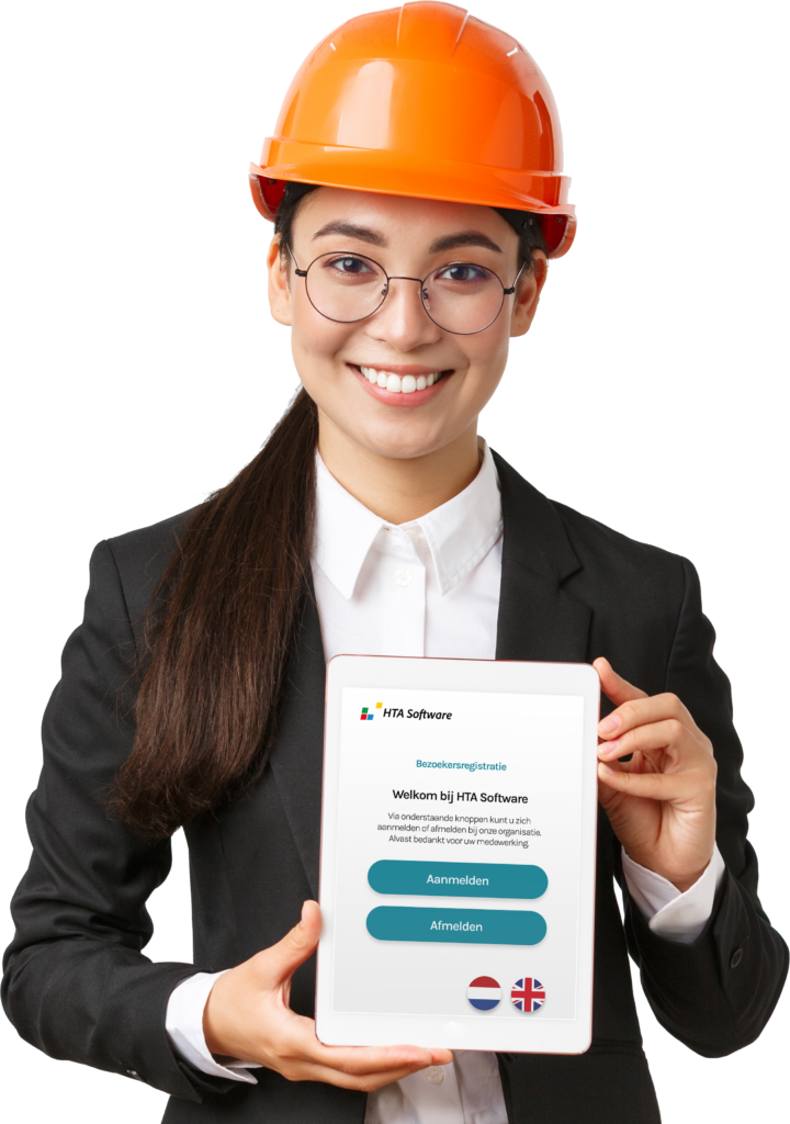 20230607-Woman-Tablet-Digitale-Receptie-Smart-WIT-2 Vrouwlijke professional met veiligheidshelm op die een tablet vasthoud waarop een introductiescherm van HTA software wordt weergegeven