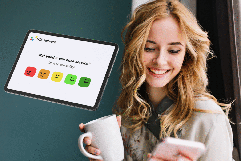 Vrouwelike professional met een mok koffie en een telefoon in de hand. Een tablet met daarop de software om klanttevredenheid te meten