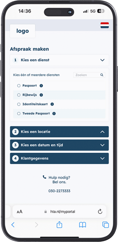 iPhone toont afsprakenportaal voor lokale overheden zoals gemeentes dat is opengeklapt op de locatiekeuze