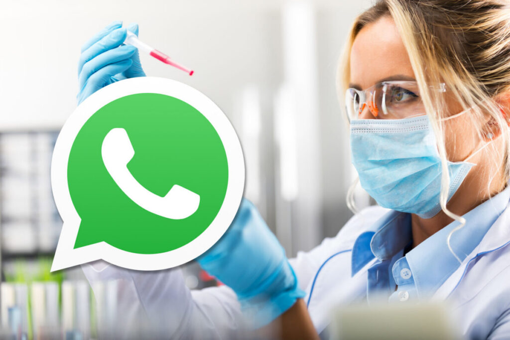 Op de achtgergrond: een vrouwelijke medisch laborant. Op de voorgrond: het icoon van WhatsApp
